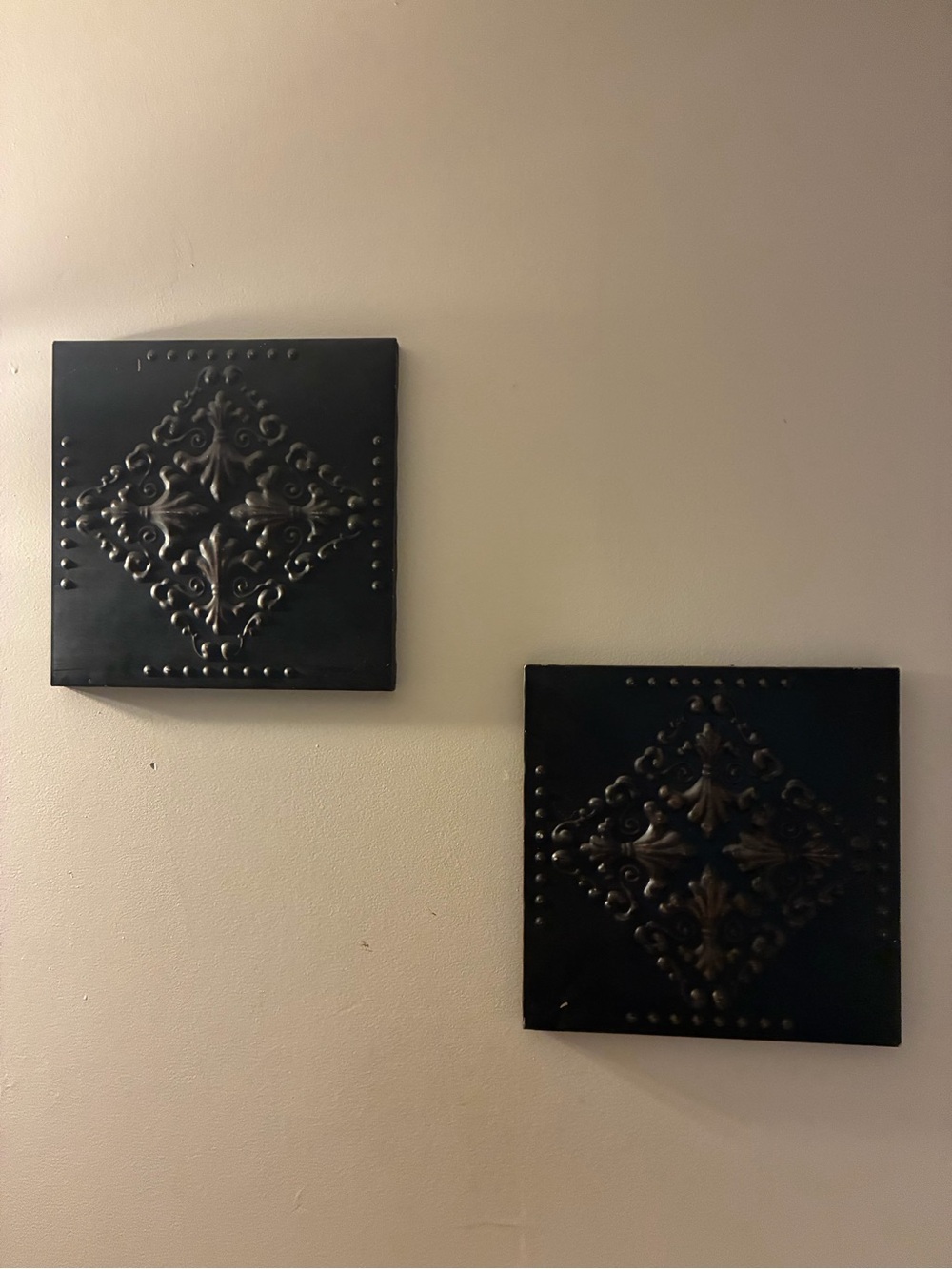 Decorative Black Embossed Metal Wall Plaque Pair